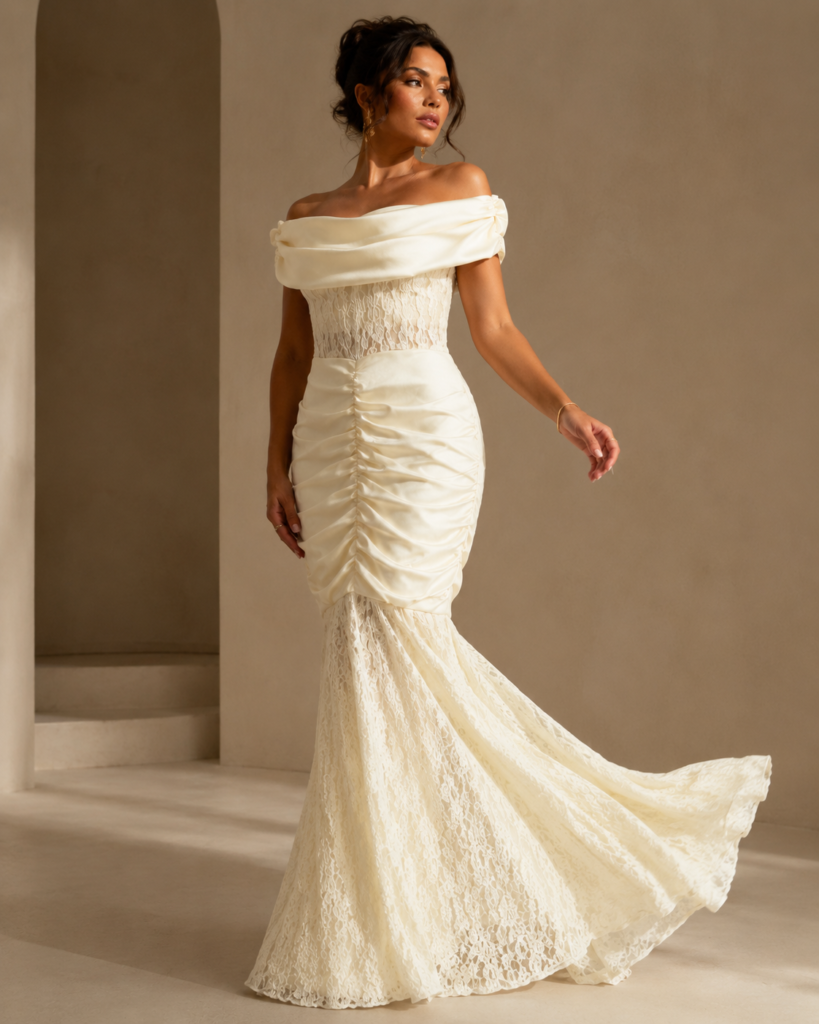 Off-Shoulder Ruched Lace Mermaid Maxi Dress