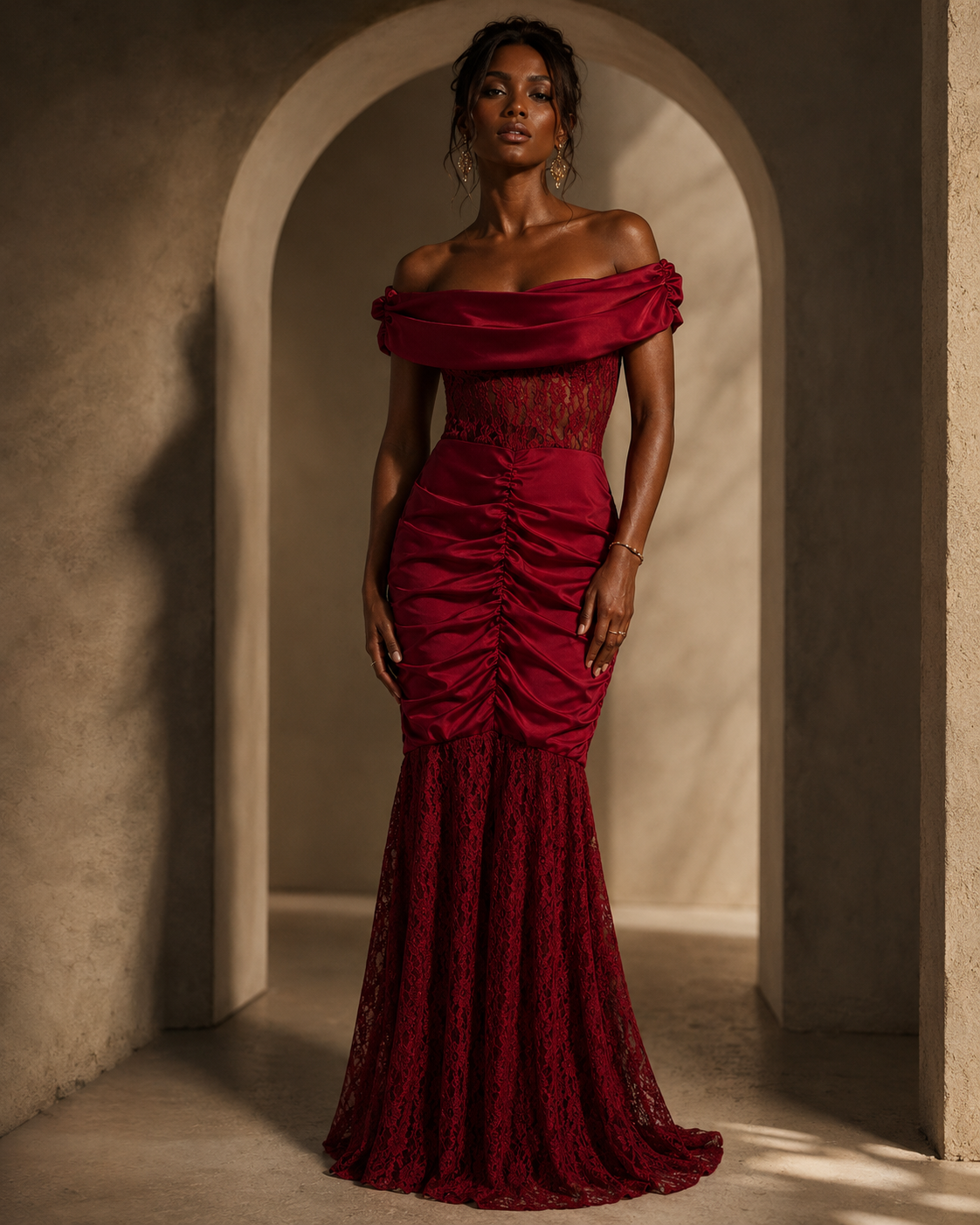 SHELLA — Robe longue sirène épaules dénudées en dentelle froncée / Off-Shoulder Ruched Lace Mermaid Maxi Dress / فستان طويل حورية بأكتاف مكشوفة ودانتيل مكشكش