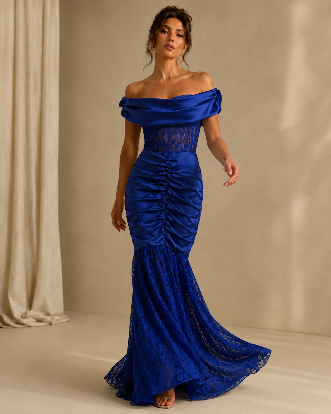 SHELLA — Robe longue sirène épaules dénudées en dentelle froncée / Off-Shoulder Ruched Lace Mermaid Maxi Dress / فستان طويل حورية بأكتاف مكشوفة ودانتيل مكشكش
