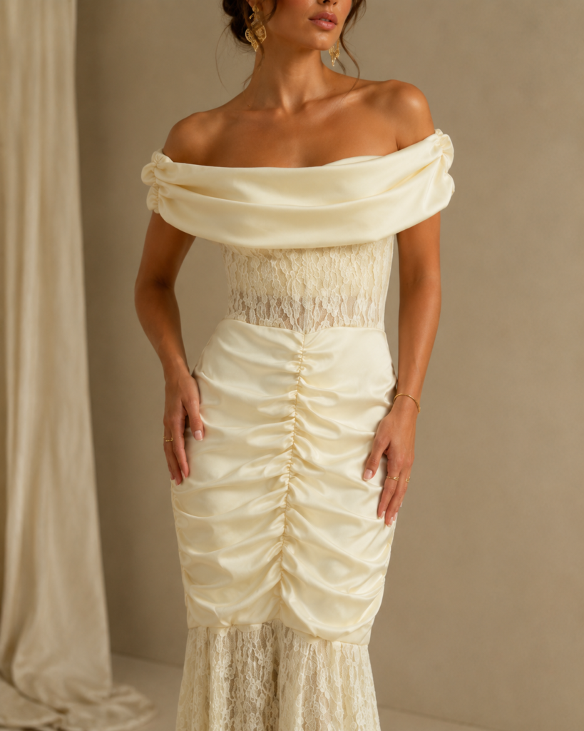 Off-Shoulder Ruched Lace Mermaid Maxi Dress
