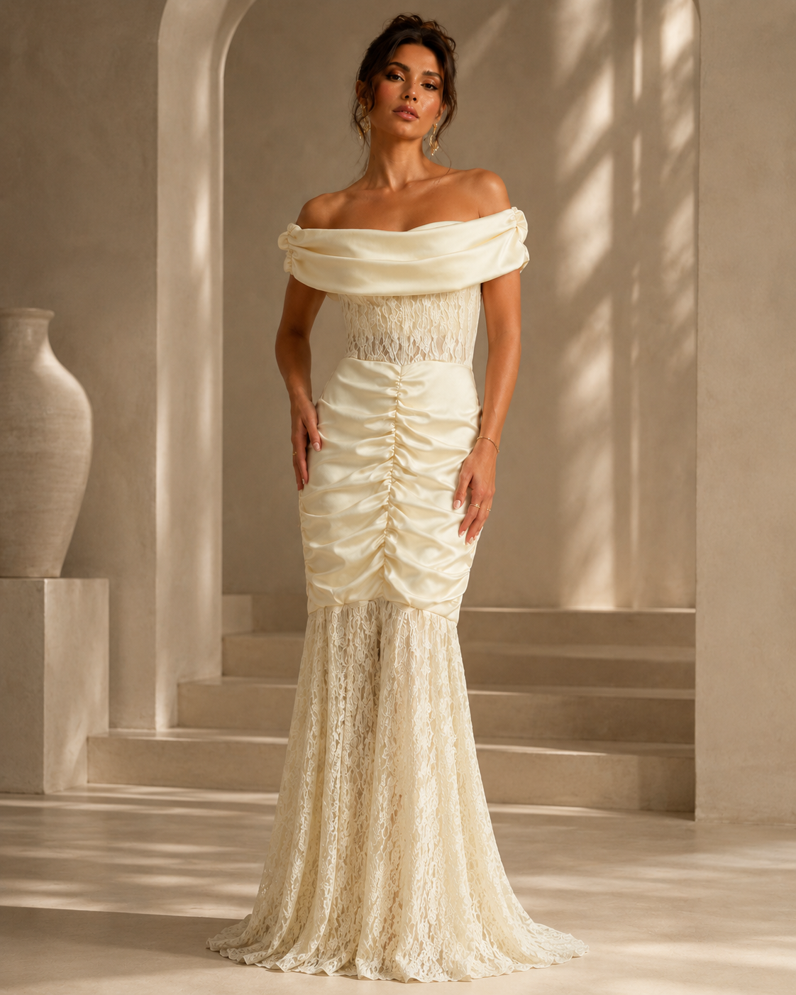 SHELLA — Robe longue sirène épaules dénudées en dentelle froncée / Off-Shoulder Ruched Lace Mermaid Maxi Dress / فستان طويل حورية بأكتاف مكشوفة ودانتيل مكشكش