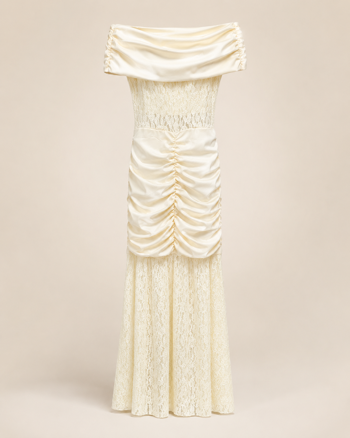 SHELLA — Robe longue sirène épaules dénudées en dentelle froncée / Off-Shoulder Ruched Lace Mermaid Maxi Dress / فستان طويل حورية بأكتاف مكشوفة ودانتيل مكشكش