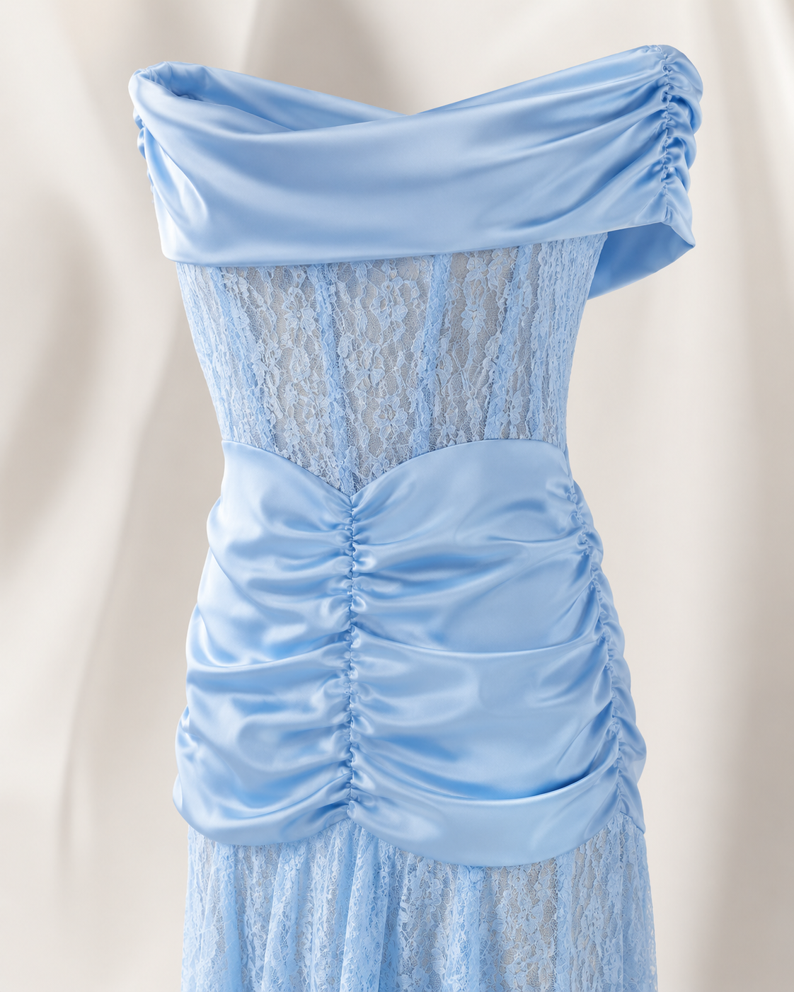 SHELLA — Robe longue sirène épaules dénudées en dentelle froncée / Off-Shoulder Ruched Lace Mermaid Maxi Dress / فستان طويل حورية بأكتاف مكشوفة ودانتيل مكشكش