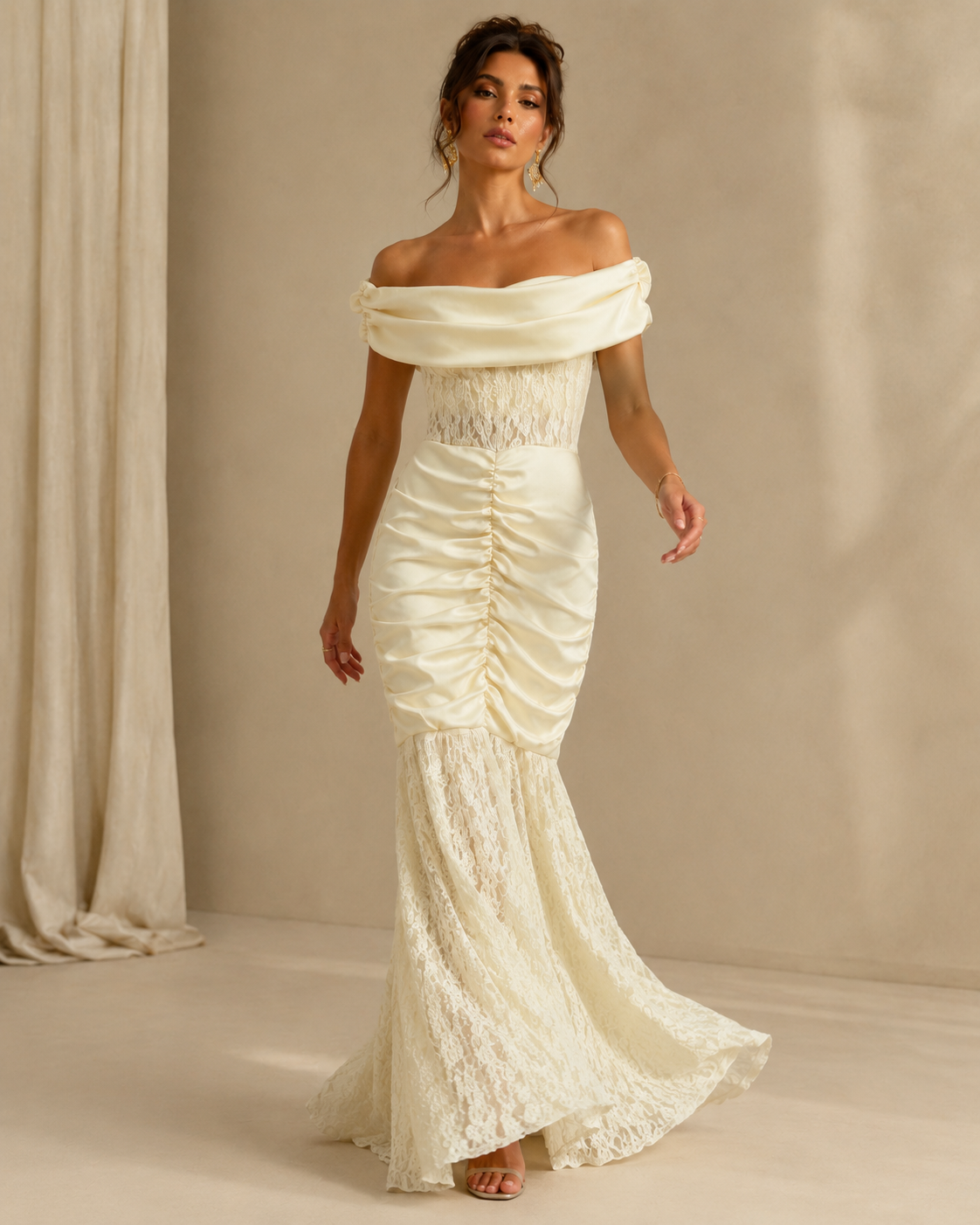 SHELLA — Robe longue sirène épaules dénudées en dentelle froncée / Off-Shoulder Ruched Lace Mermaid Maxi Dress / فستان طويل حورية بأكتاف مكشوفة ودانتيل مكشكش