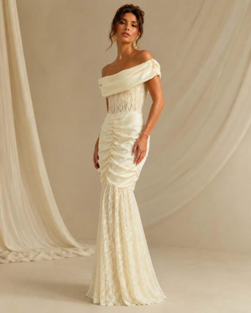 Off-Shoulder Ruched Lace Mermaid Maxi Dress