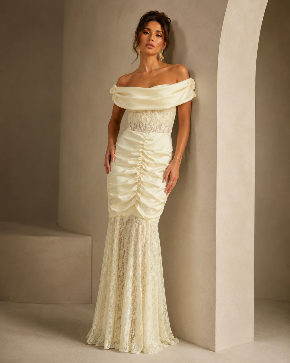 SHELLA — Robe longue sirène épaules dénudées en dentelle froncée / Off-Shoulder Ruched Lace Mermaid Maxi Dress / فستان طويل حورية بأكتاف مكشوفة ودانتيل مكشكش