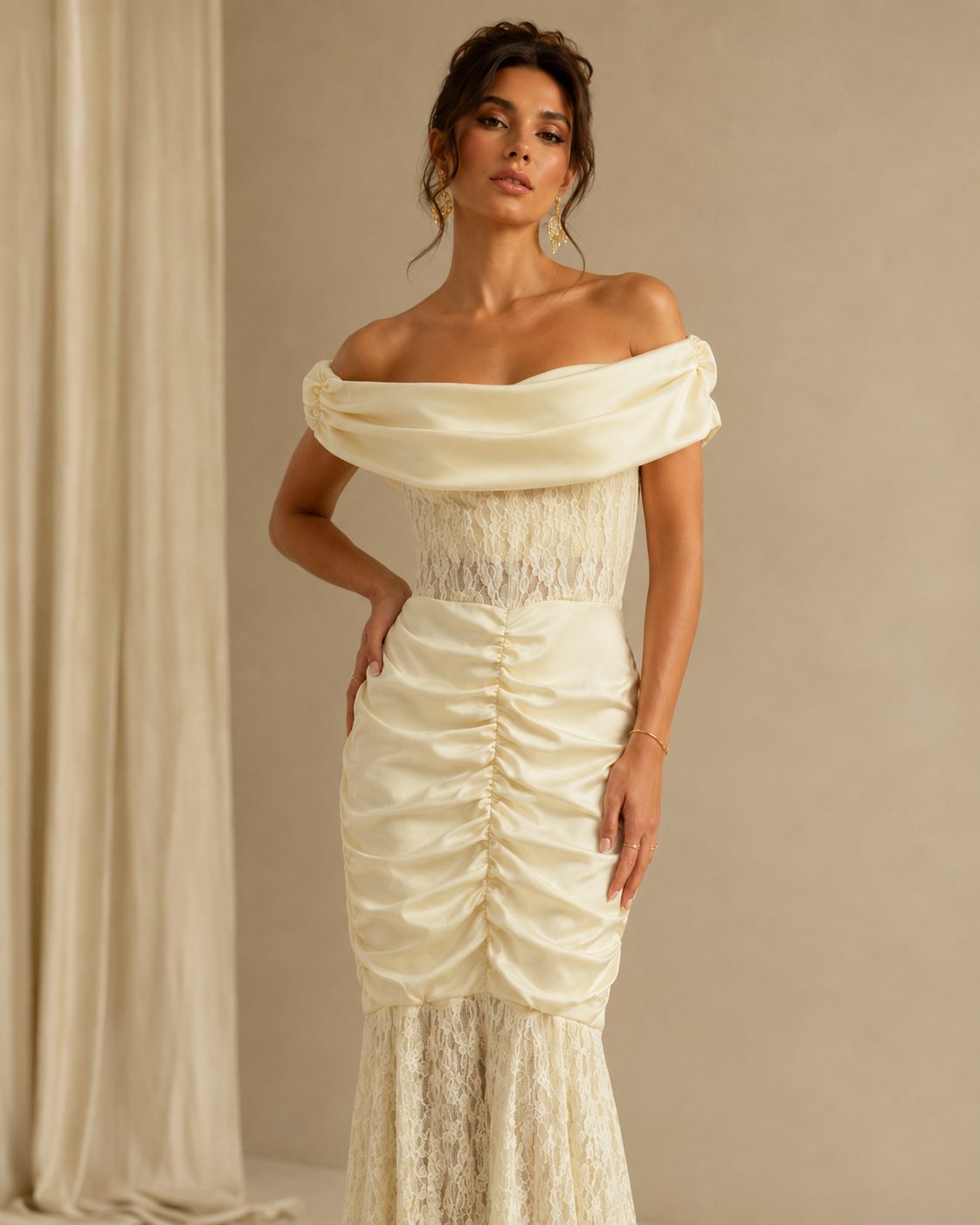 SHELLA — Robe longue sirène épaules dénudées en dentelle froncée / Off-Shoulder Ruched Lace Mermaid Maxi Dress / فستان طويل حورية بأكتاف مكشوفة ودانتيل مكشكش