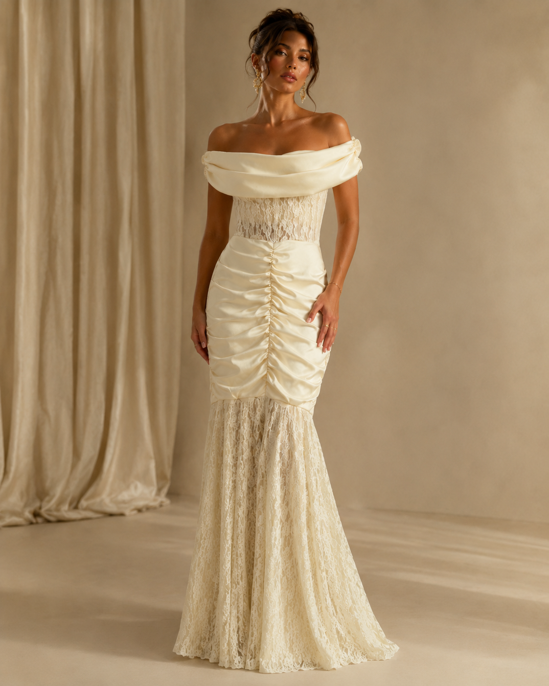 SHELLA — Robe longue sirène épaules dénudées en dentelle froncée / Off-Shoulder Ruched Lace Mermaid Maxi Dress / فستان طويل حورية بأكتاف مكشوفة ودانتيل مكشكش