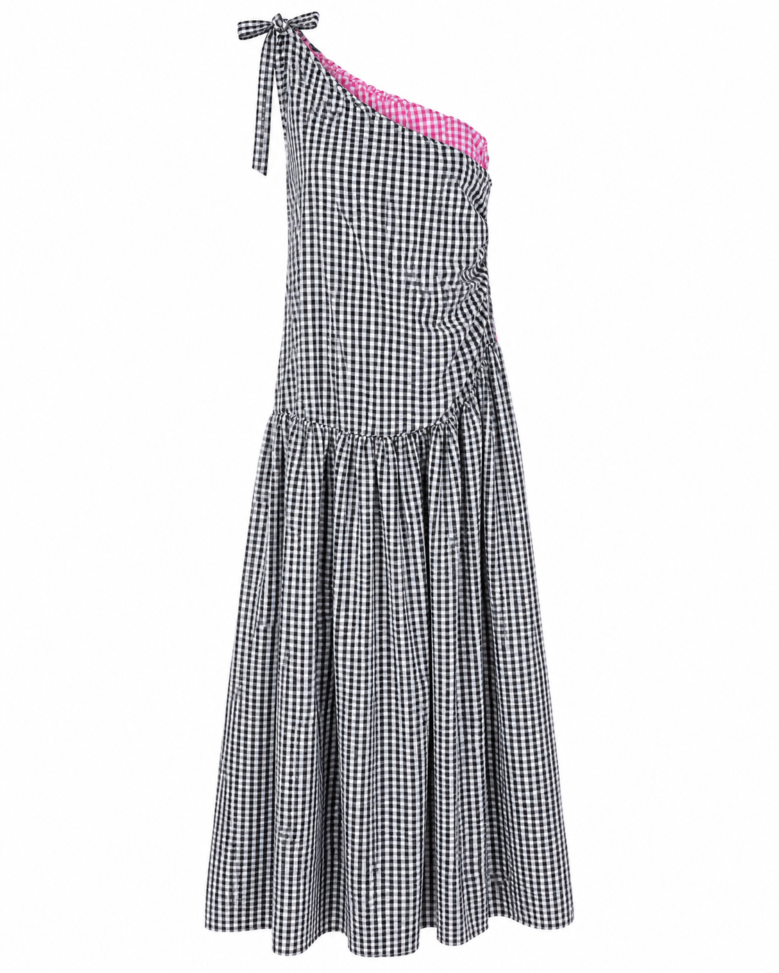 SHELLA — Robe longue vichy à une épaule, épaule nouée & drapé froncé / One-Shoulder Gingham Maxi Dress / فستان طويل كاروهات بكتف واحد ودرابيه مكشكش