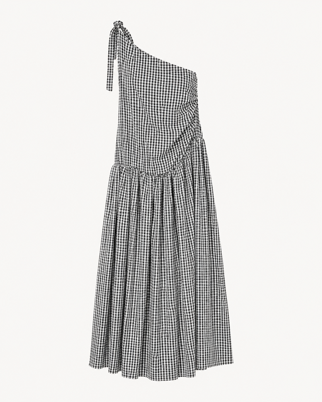 SHELLA — Robe longue vichy à une épaule, épaule nouée & drapé froncé / One-Shoulder Gingham Maxi Dress / فستان طويل كاروهات بكتف واحد ودرابيه مكشكش
