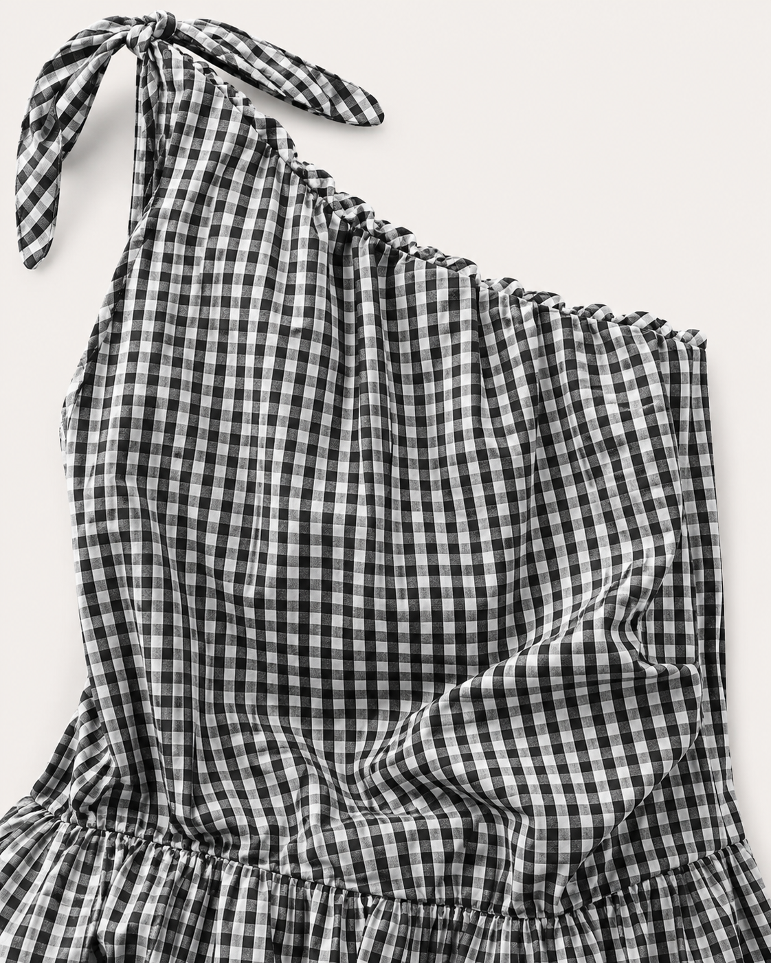 SHELLA — Robe longue vichy à une épaule, épaule nouée & drapé froncé / One-Shoulder Gingham Maxi Dress / فستان طويل كاروهات بكتف واحد ودرابيه مكشكش