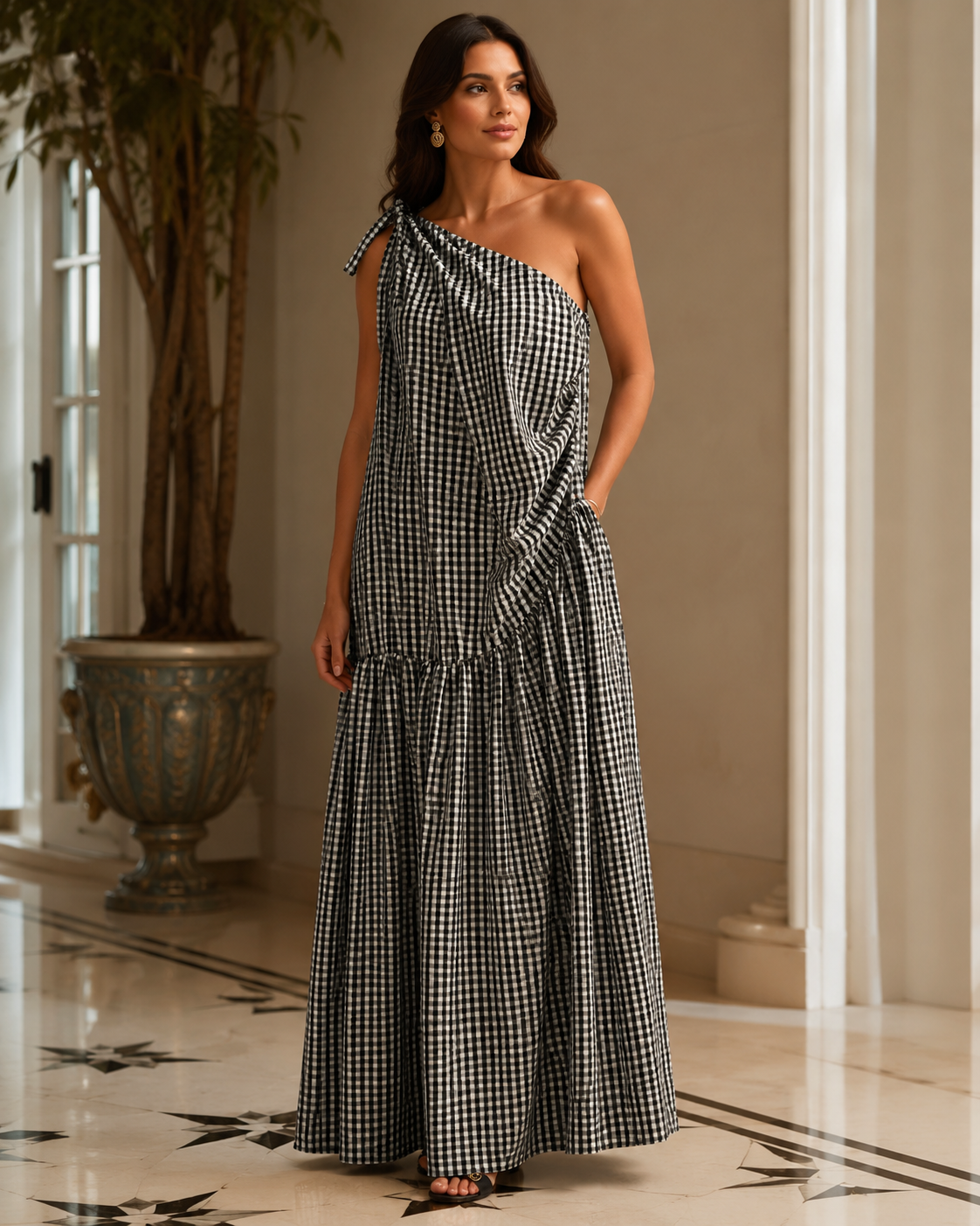 SHELLA — Robe longue vichy à une épaule, épaule nouée & drapé froncé / One-Shoulder Gingham Maxi Dress / فستان طويل كاروهات بكتف واحد ودرابيه مكشكش