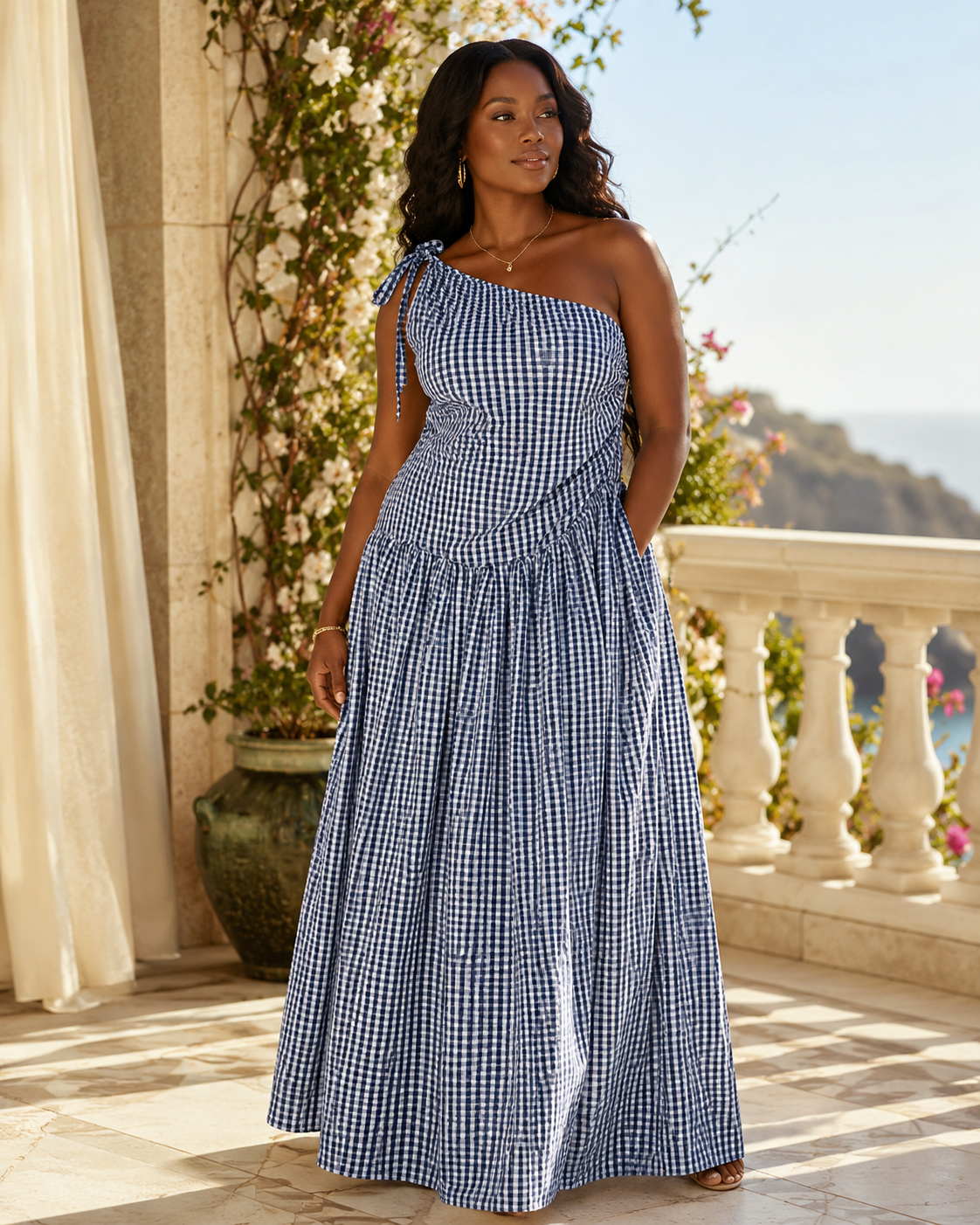 SHELLA — Robe longue vichy à une épaule, épaule nouée & drapé froncé / One-Shoulder Gingham Maxi Dress / فستان طويل كاروهات بكتف واحد ودرابيه مكشكش