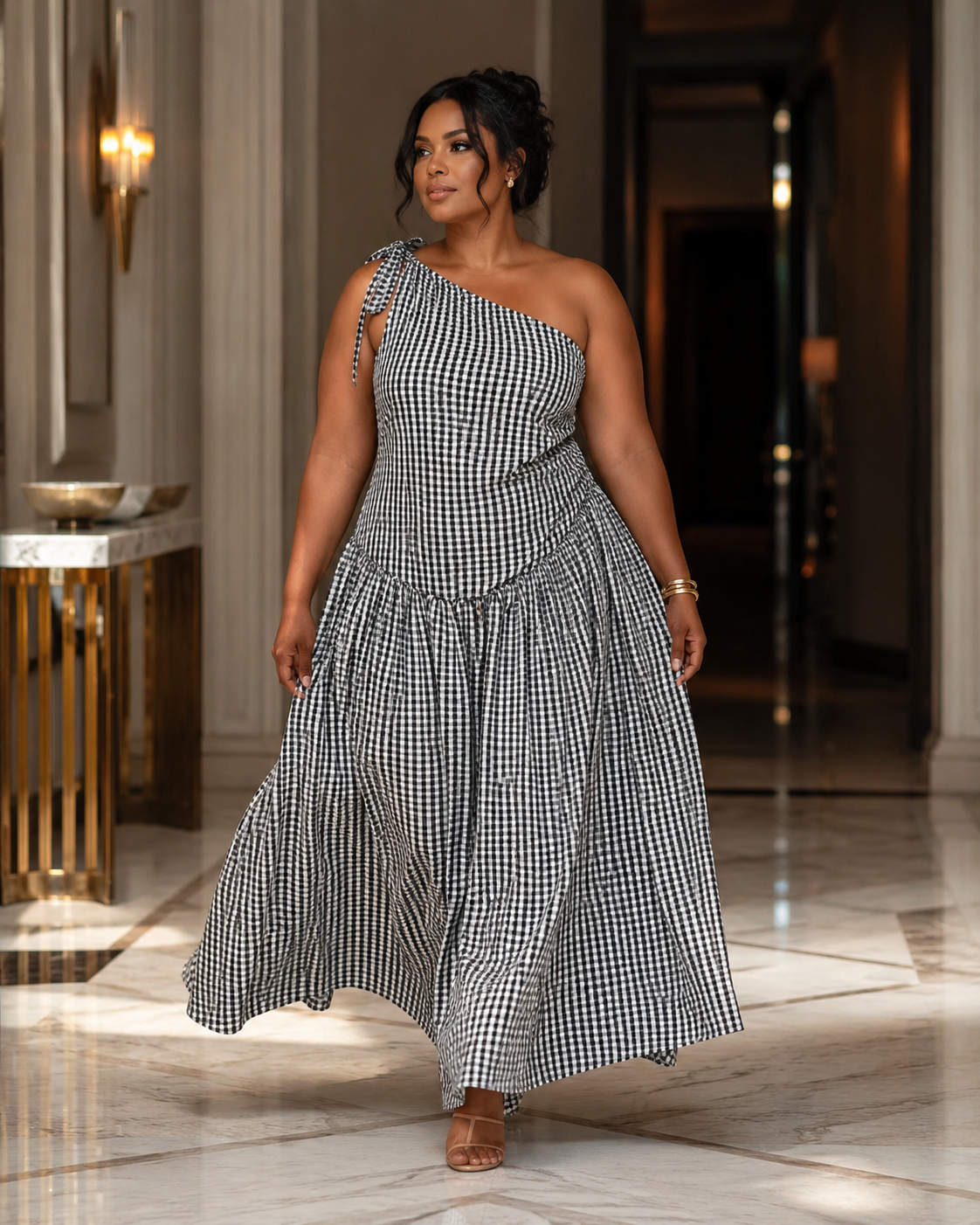SHELLA — Robe longue vichy à une épaule, épaule nouée & drapé froncé / One-Shoulder Gingham Maxi Dress / فستان طويل كاروهات بكتف واحد ودرابيه مكشكش