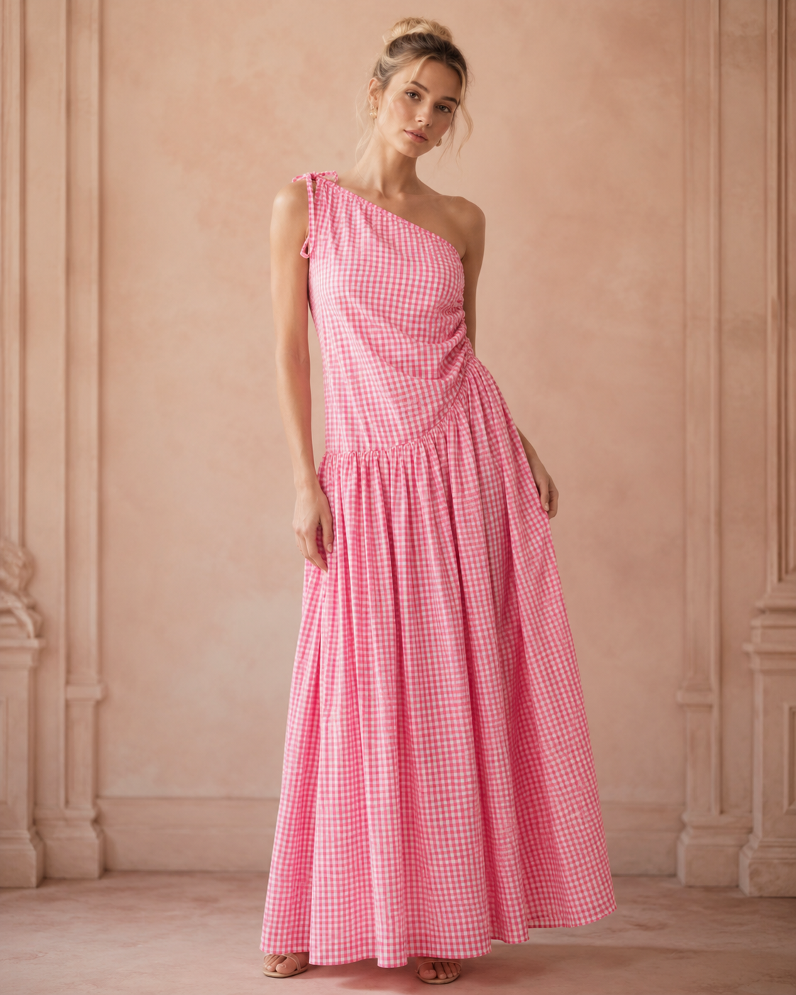 SHELLA — Robe longue vichy à une épaule, épaule nouée & drapé froncé / One-Shoulder Gingham Maxi Dress / فستان طويل كاروهات بكتف واحد ودرابيه مكشكش