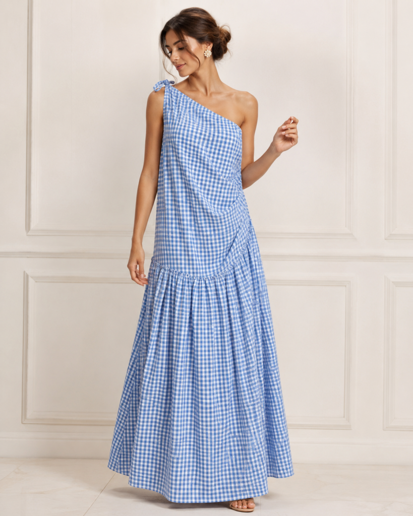 One-Shoulder Gingham Maxi Dress