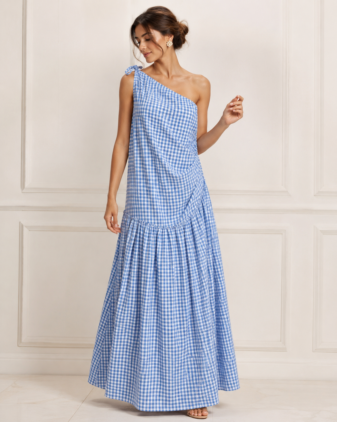 SHELLA — Robe longue vichy à une épaule, épaule nouée & drapé froncé / One-Shoulder Gingham Maxi Dress / فستان طويل كاروهات بكتف واحد ودرابيه مكشكش