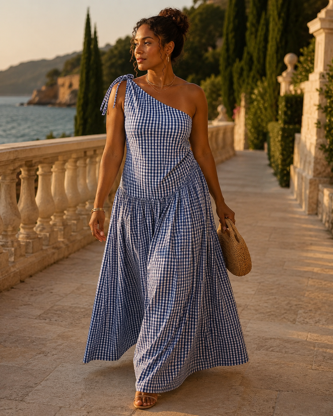SHELLA — Robe longue vichy à une épaule, épaule nouée & drapé froncé / One-Shoulder Gingham Maxi Dress / فستان طويل كاروهات بكتف واحد ودرابيه مكشكش