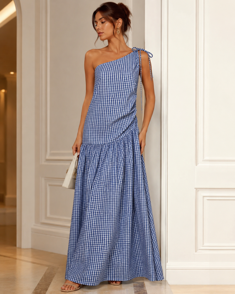One-Shoulder Gingham Maxi Dress