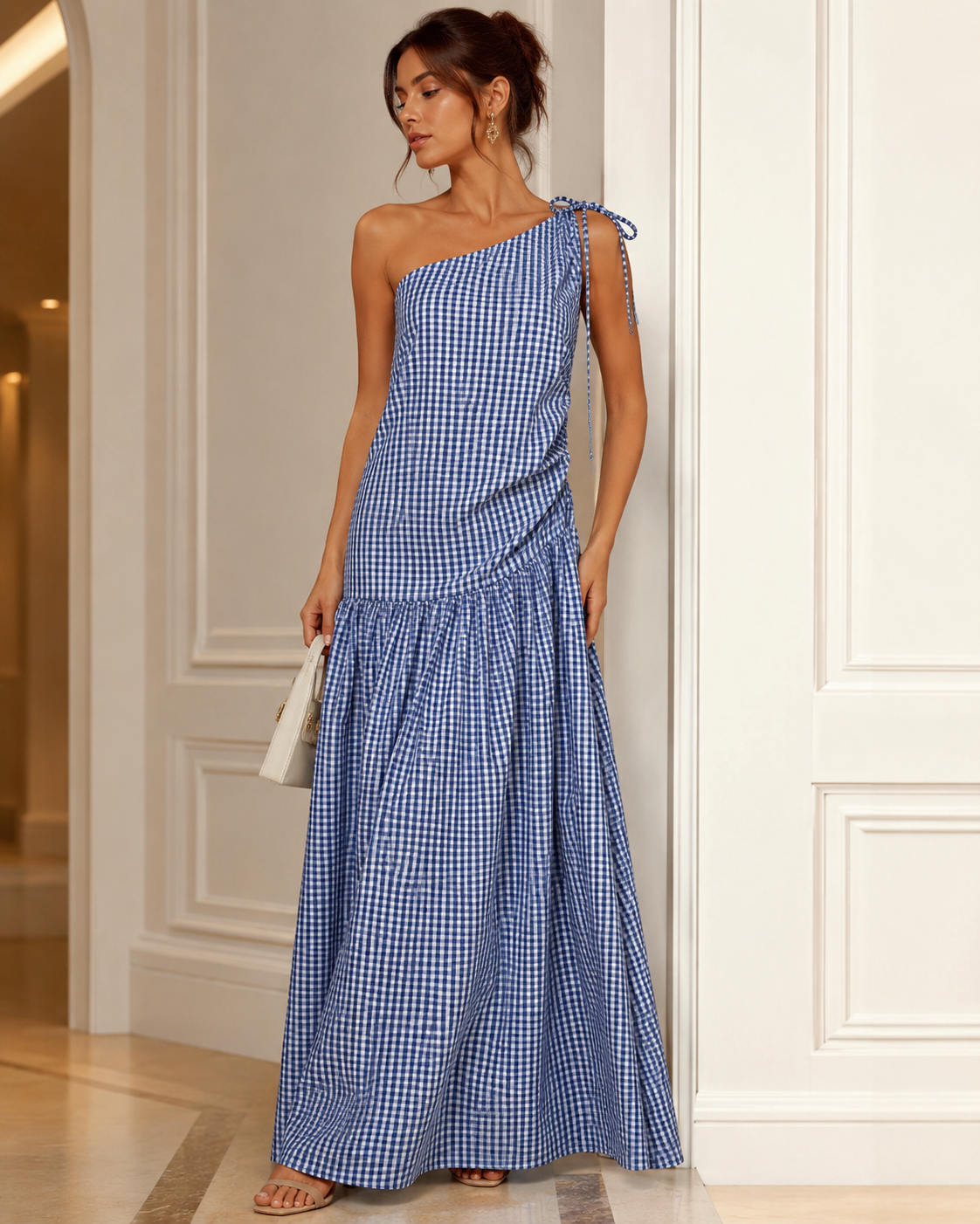 SHELLA — Robe longue vichy à une épaule, épaule nouée & drapé froncé / One-Shoulder Gingham Maxi Dress / فستان طويل كاروهات بكتف واحد ودرابيه مكشكش