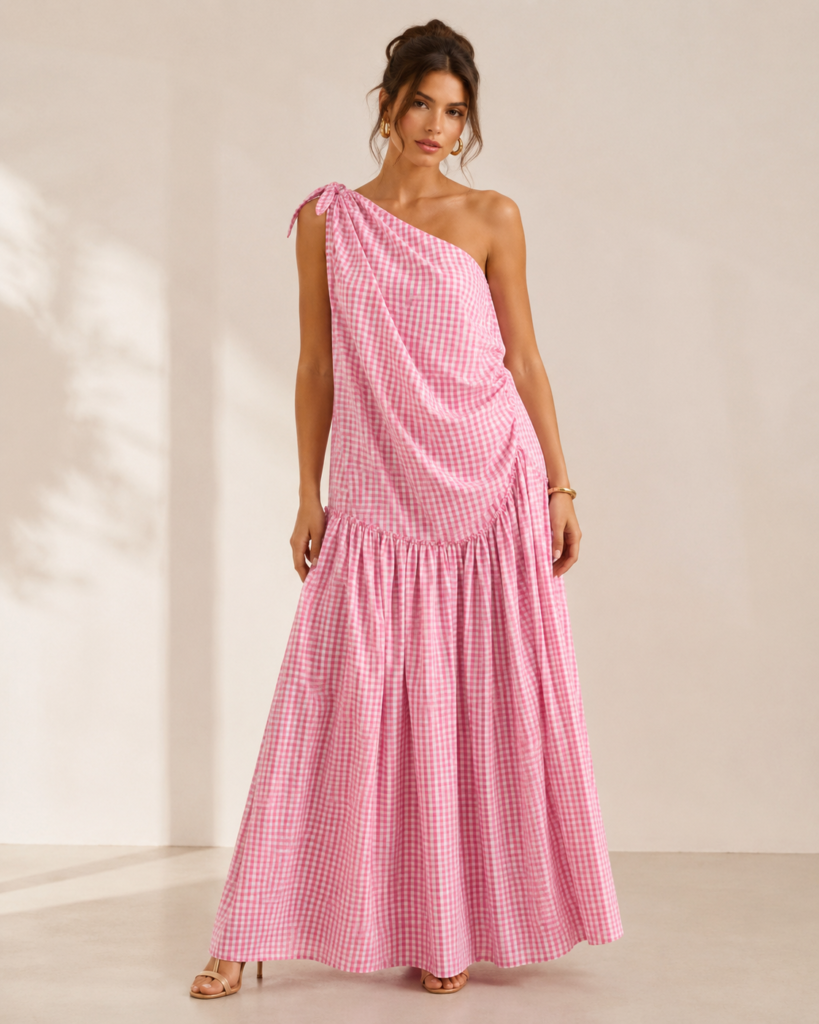 One-Shoulder Gingham Maxi Dress