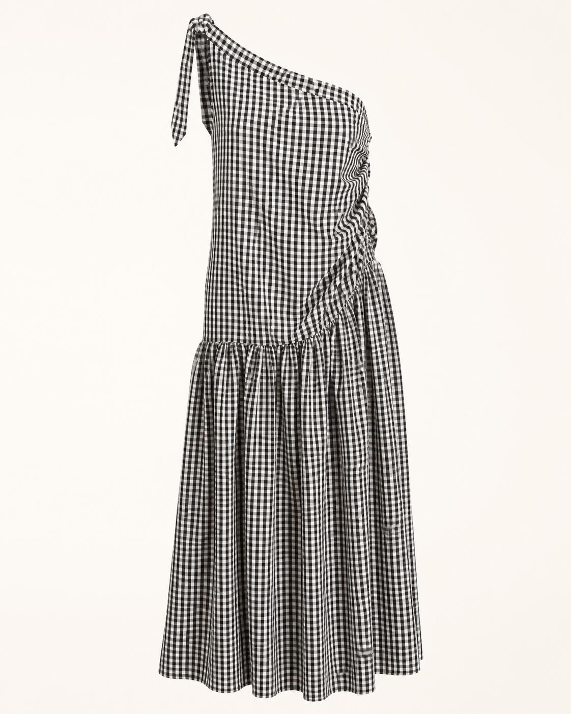 SHELLA — Robe longue vichy à une épaule, épaule nouée & drapé froncé / One-Shoulder Gingham Maxi Dress / فستان طويل كاروهات بكتف واحد ودرابيه مكشكش