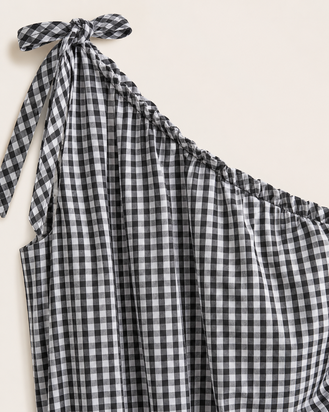 SHELLA — Robe longue vichy à une épaule, épaule nouée & drapé froncé / One-Shoulder Gingham Maxi Dress / فستان طويل كاروهات بكتف واحد ودرابيه مكشكش