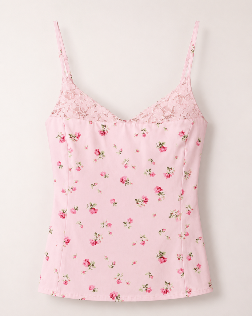 Women's Pink Floral Lace Trim Camisole Top - Elegant Spaghetti Strap Cami