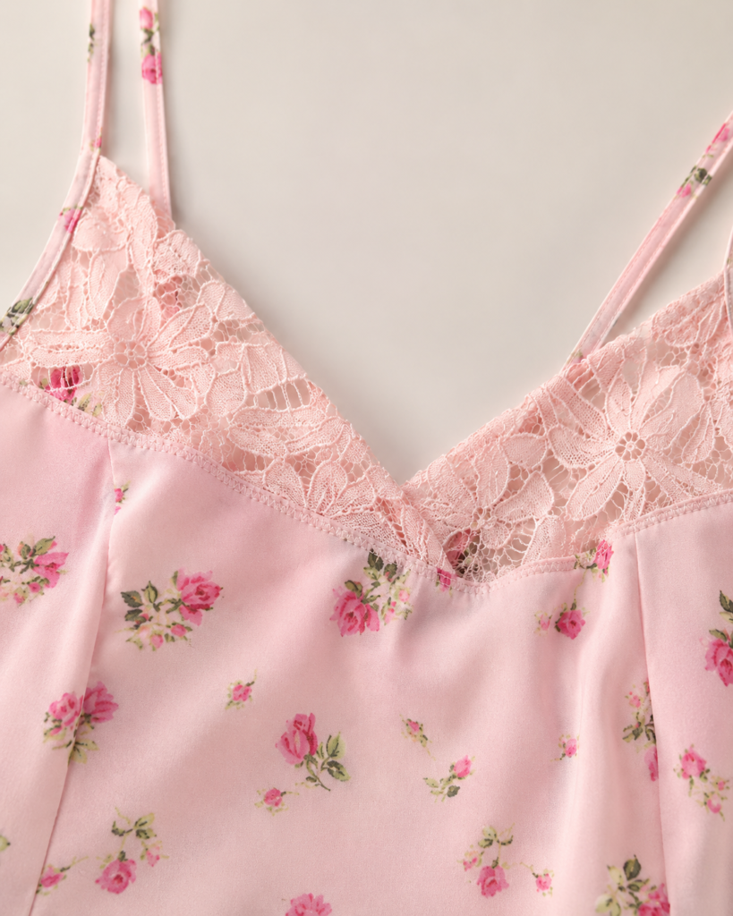 Women's Pink Floral Lace Trim Camisole Top - Elegant Spaghetti Strap Cami