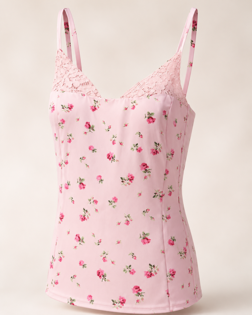 Women's Pink Floral Lace Trim Camisole Top - Elegant Spaghetti Strap Cami