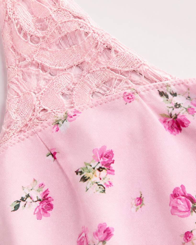 Women's Pink Floral Lace Trim Camisole Top - Elegant Spaghetti Strap Cami