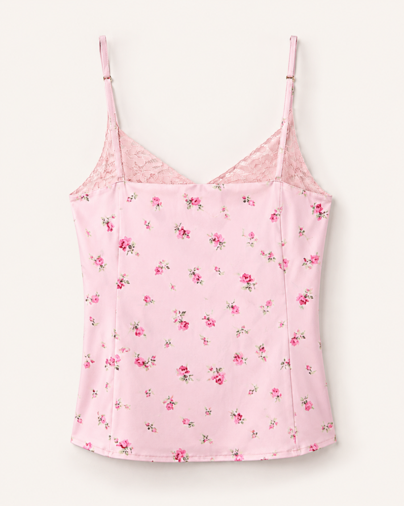 Women's Pink Floral Lace Trim Camisole Top - Elegant Spaghetti Strap Cami