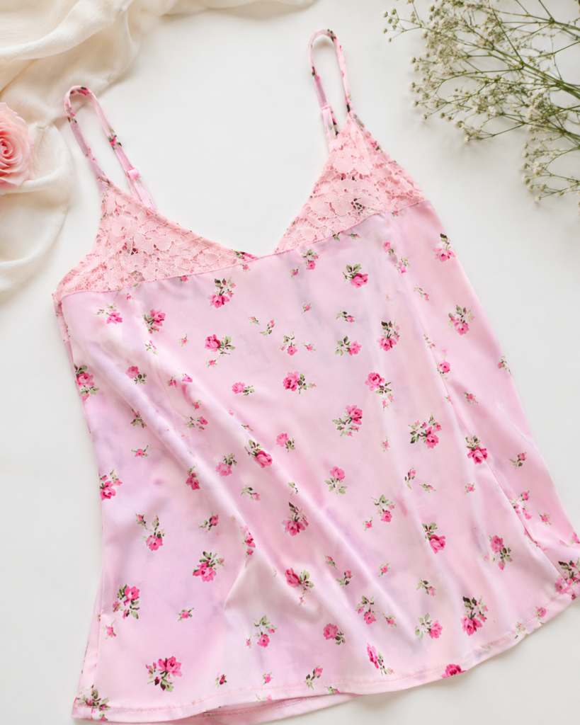 Women's Pink Floral Lace Trim Camisole Top - Elegant Spaghetti Strap Cami