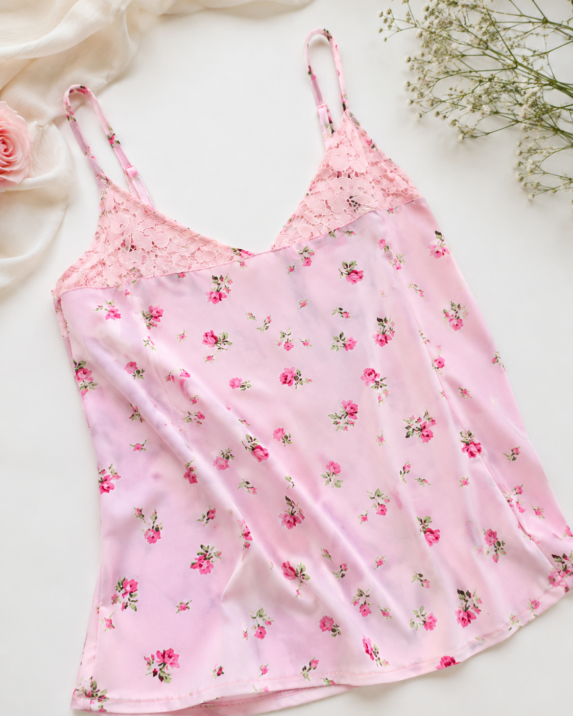 SHELLA — Caraco fleuri rose à bordure dentelle, fines bretelles / Pink Floral Lace Trim Camisole Top / كاميسول وردي مزهّر بحافة دانتيل وحمالات رفيعة