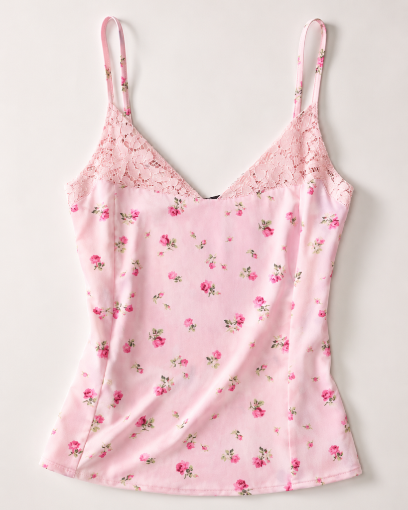 Women's Pink Floral Lace Trim Camisole Top - Elegant Spaghetti Strap Cami