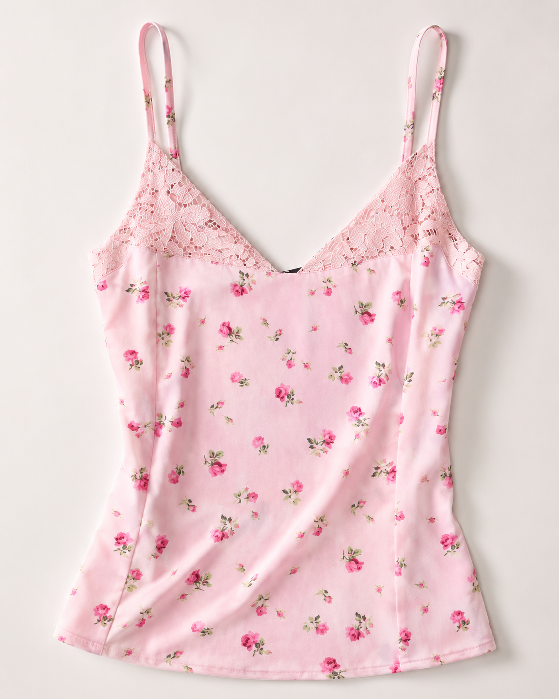 SHELLA — Caraco fleuri rose à bordure dentelle, fines bretelles / Pink Floral Lace Trim Camisole Top / كاميسول وردي مزهّر بحافة دانتيل وحمالات رفيعة