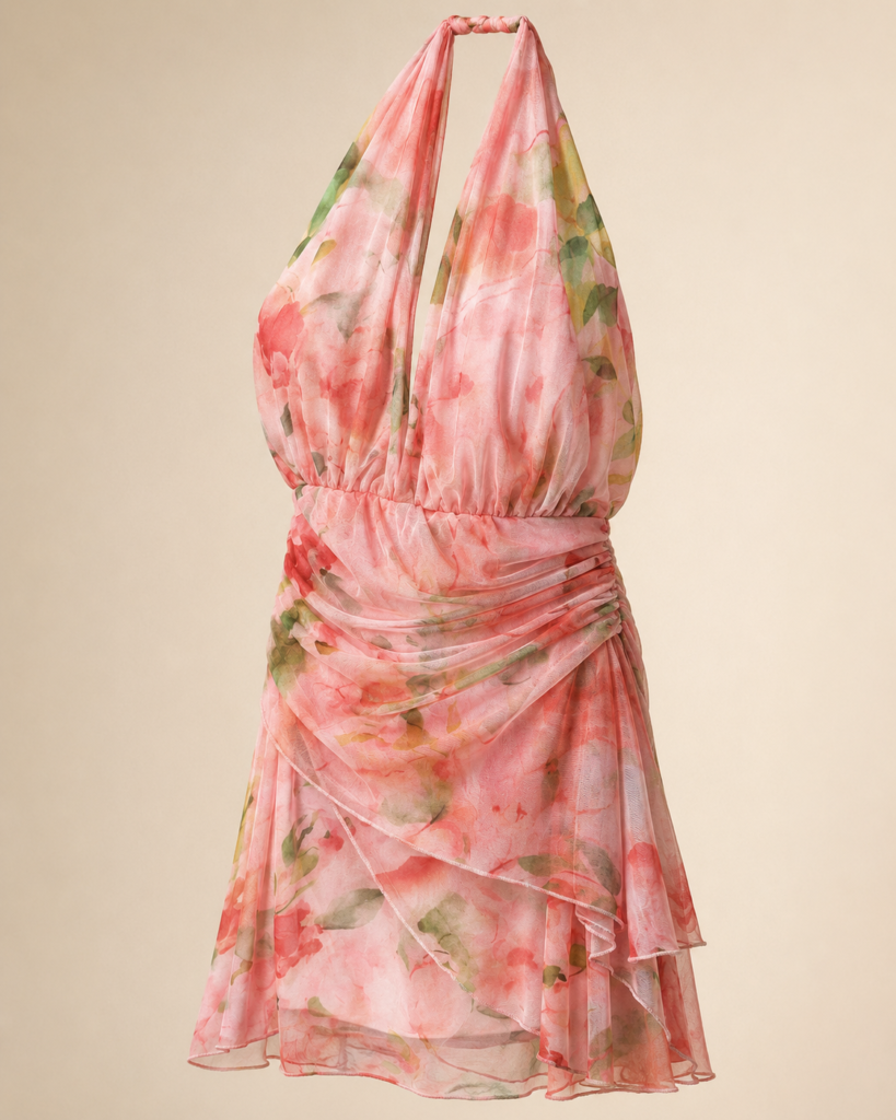 Pink Watercolor Floral Chiffon Halter Mini Dress - Ruched Draped Summer Dress