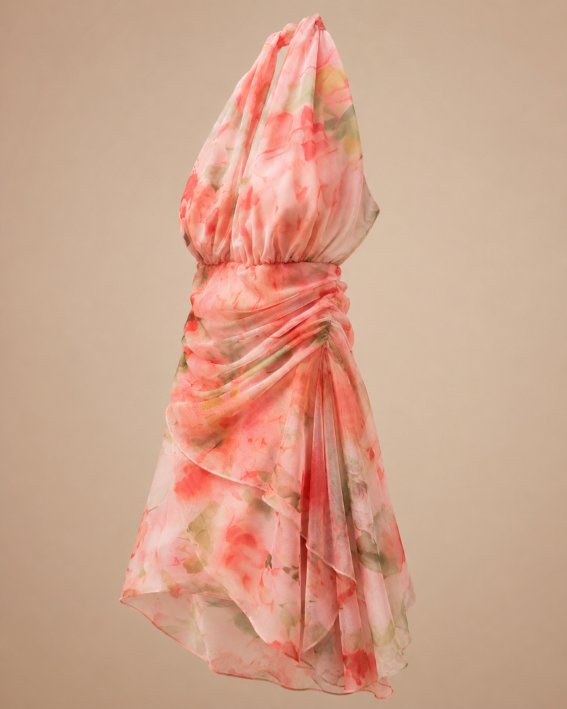 Pink Watercolor Floral Chiffon Halter Mini Dress - Ruched Draped Summer Dress