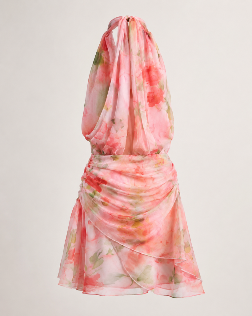 Pink Watercolor Floral Chiffon Halter Mini Dress - Ruched Draped Summer Dress