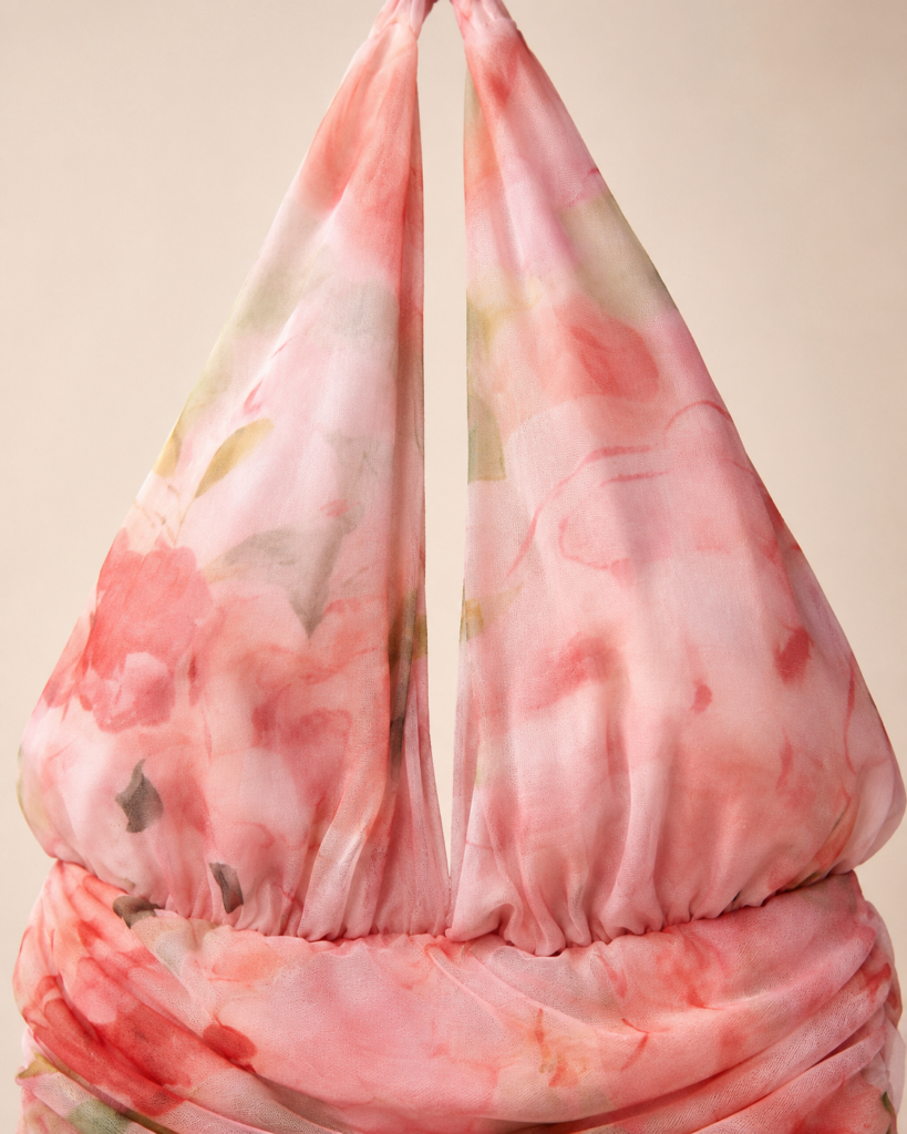 Pink Watercolor Floral Chiffon Halter Mini Dress - Ruched Draped Summer Dress