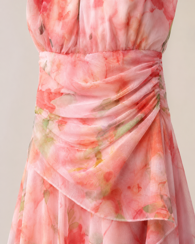 Pink Watercolor Floral Chiffon Halter Mini Dress - Ruched Draped Summer Dress