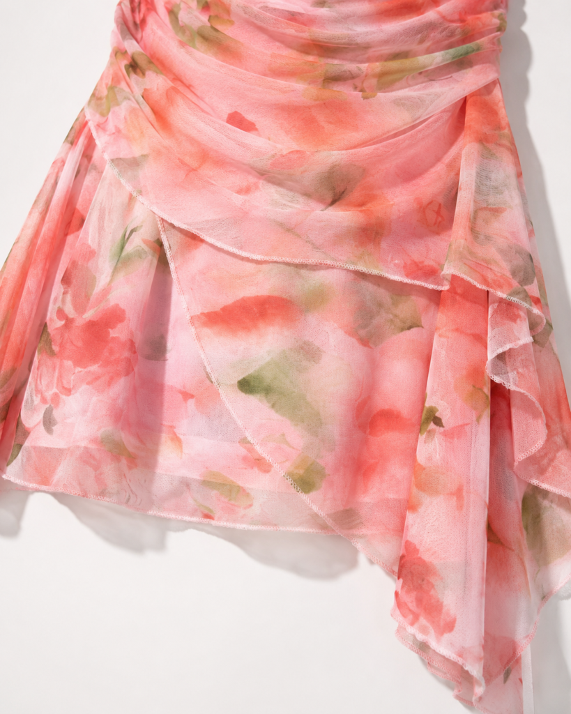 Pink Watercolor Floral Chiffon Halter Mini Dress - Ruched Draped Summer Dress