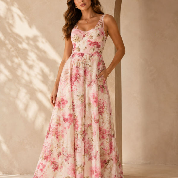 SHELLA — Robe longue fleurie aquarelle rose à fines bretelles / Pink Watercolor Floral Spaghetti Strap Maxi Dress / فستان طويل مزهّر وردي بألوان مائية بحمالات رفيعة