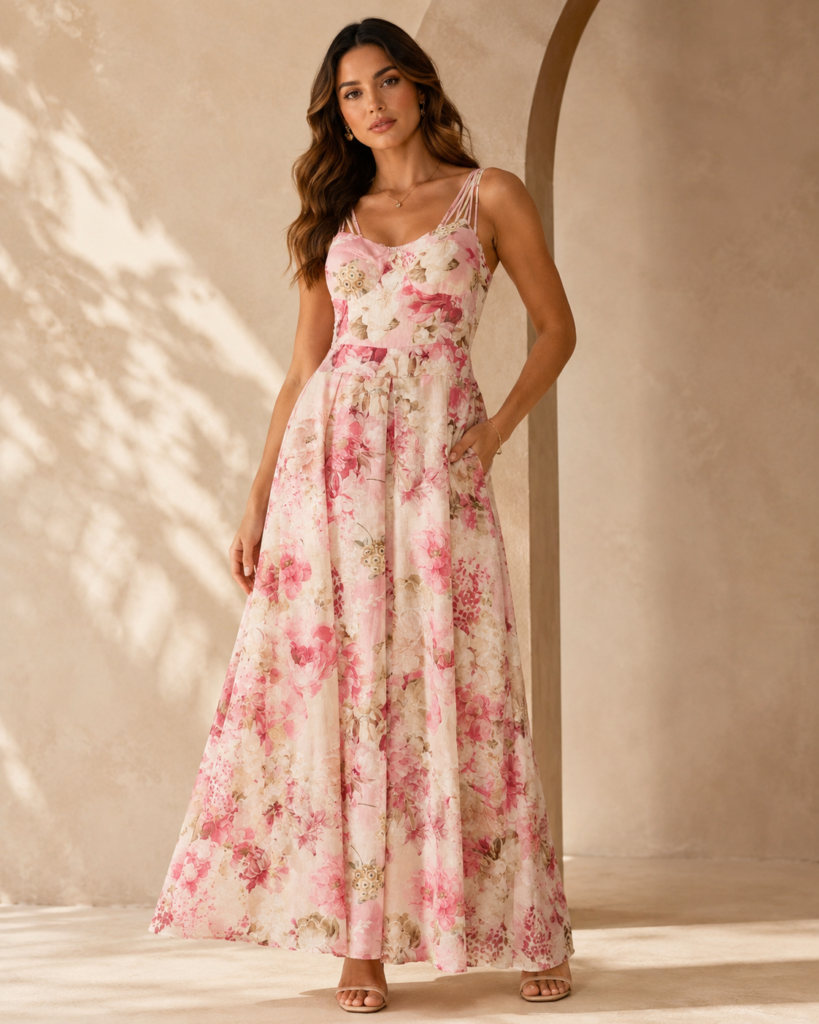 Pink Watercolor Floral Spaghetti Strap Maxi Dress