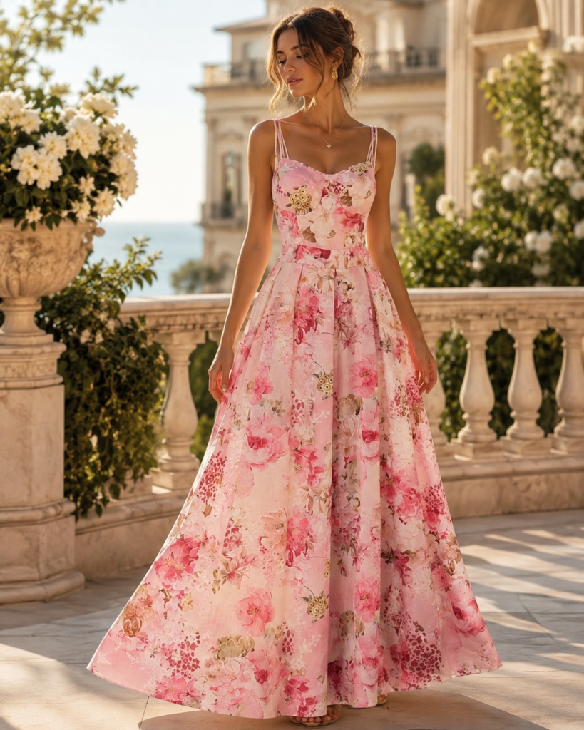 Pink Watercolor Floral Spaghetti Strap Maxi Dress