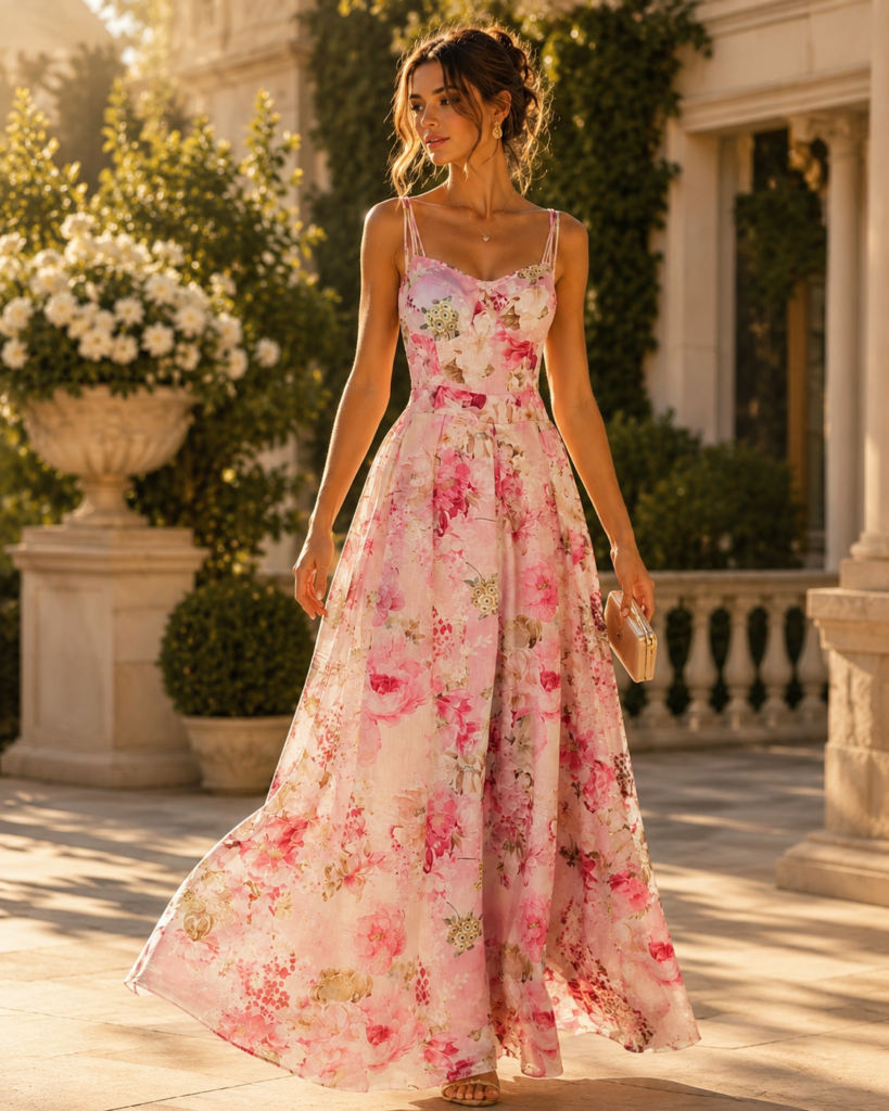 Pink Watercolor Floral Spaghetti Strap Maxi Dress