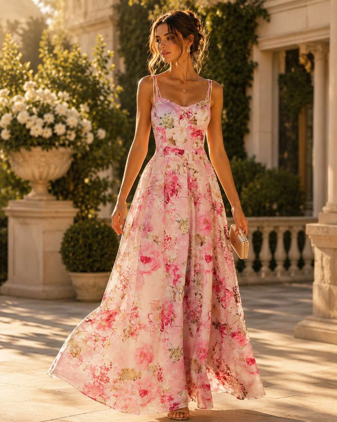 SHELLA — Robe longue fleurie aquarelle rose à fines bretelles / Pink Watercolor Floral Spaghetti Strap Maxi Dress / فستان طويل مزهّر وردي بألوان مائية بحمالات رفيعة