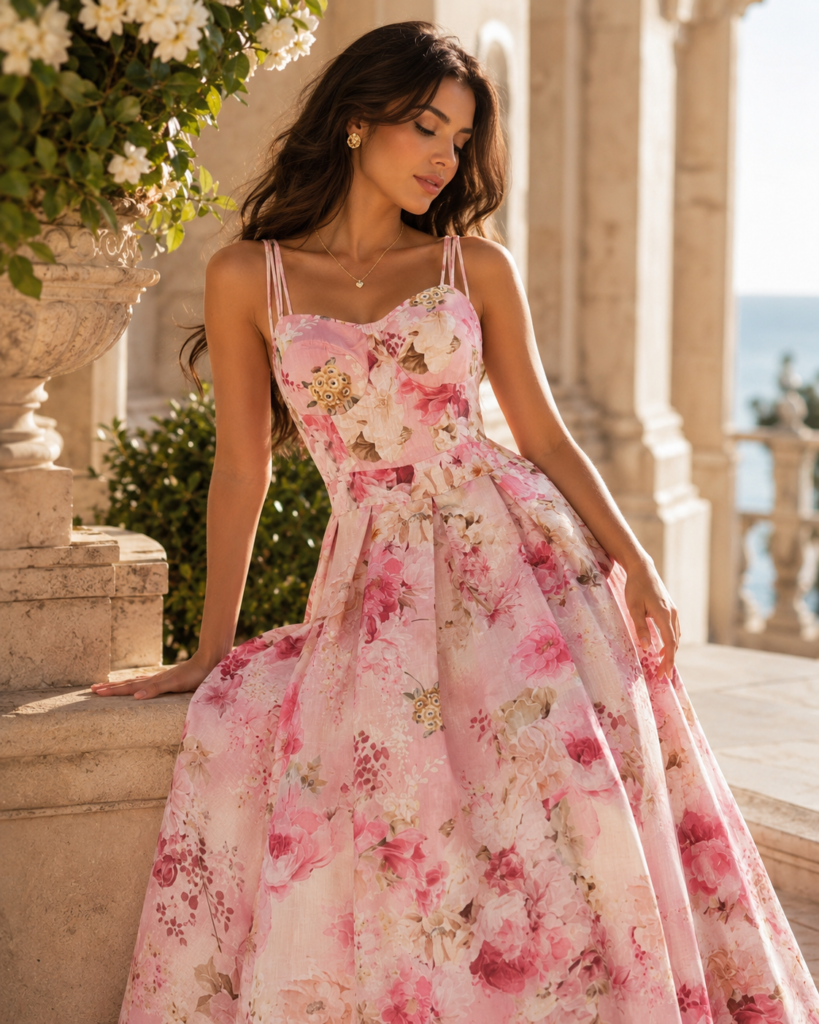 Pink Watercolor Floral Spaghetti Strap Maxi Dress