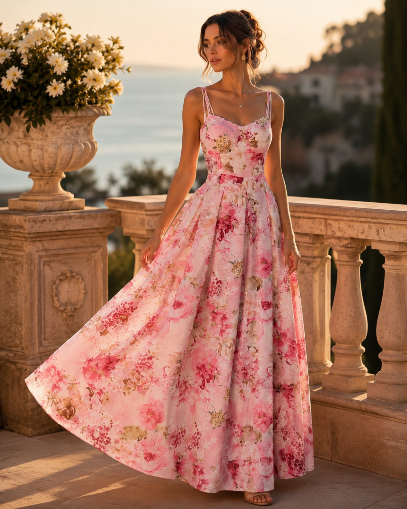 Pink Watercolor Floral Spaghetti Strap Maxi Dress