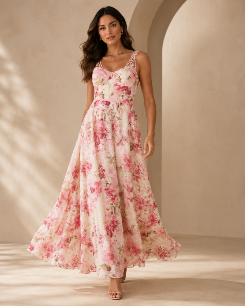 Pink Watercolor Floral Spaghetti Strap Maxi Dress